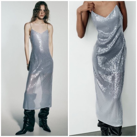 ZARA ~ Women's Blue and Silver Dress - Picture 1 of 16